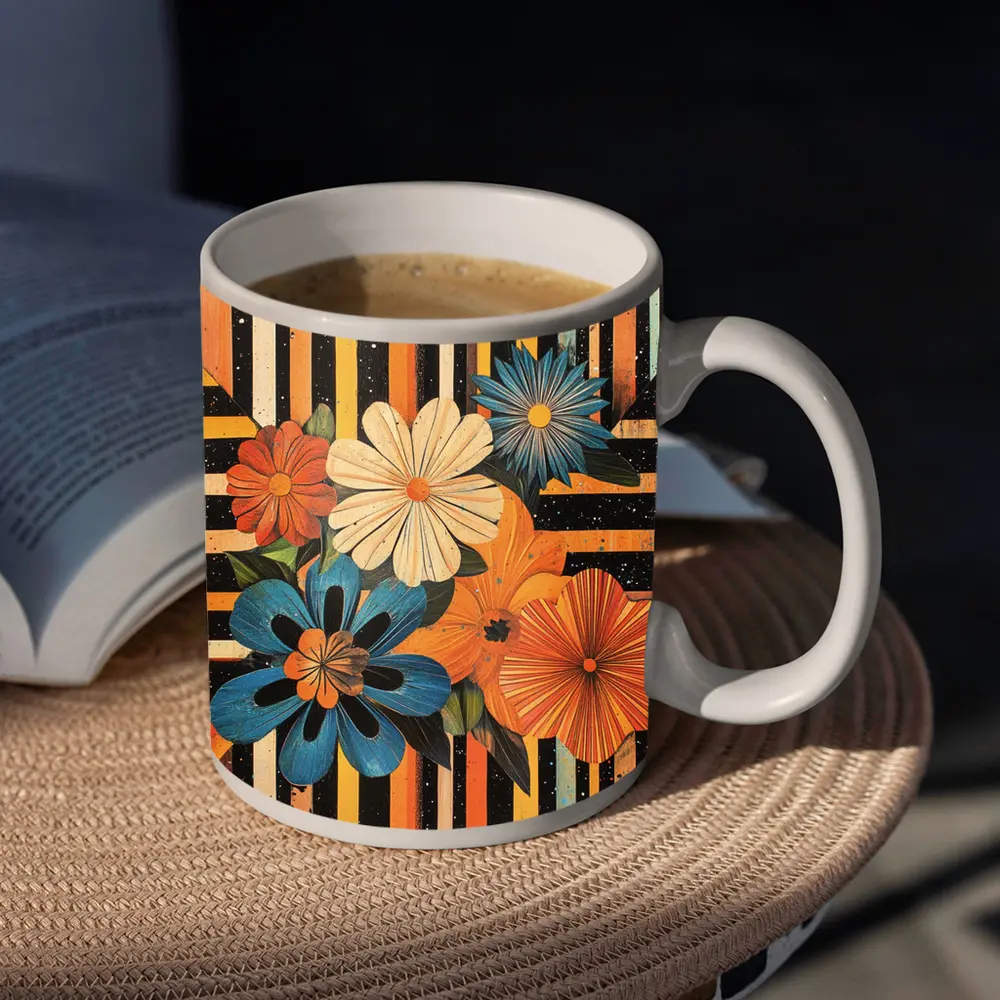 Retro Floral Bouquet Bold Striped Black Background – Mugs