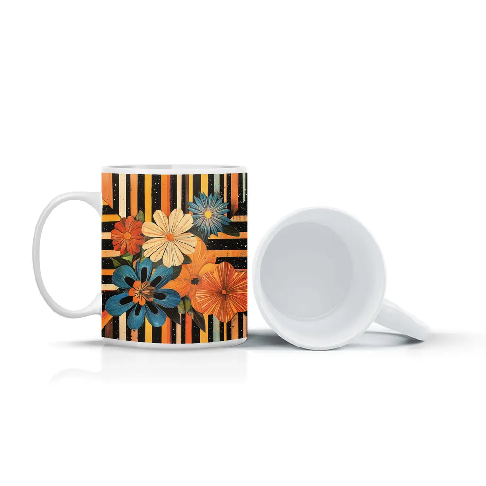 Retro Floral Bouquet Bold Striped Black Background – Mugs