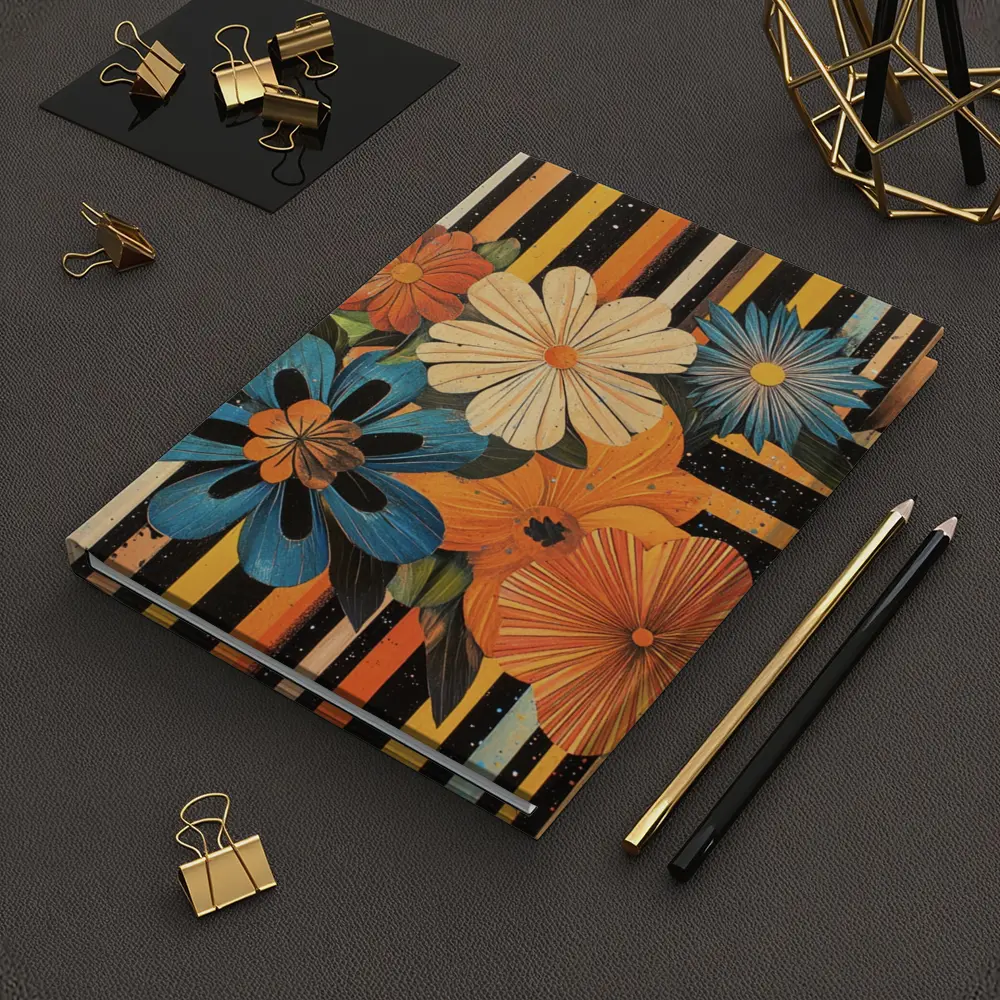 Retro Floral Bouquet Bold Striped Black Background – Notebooks
