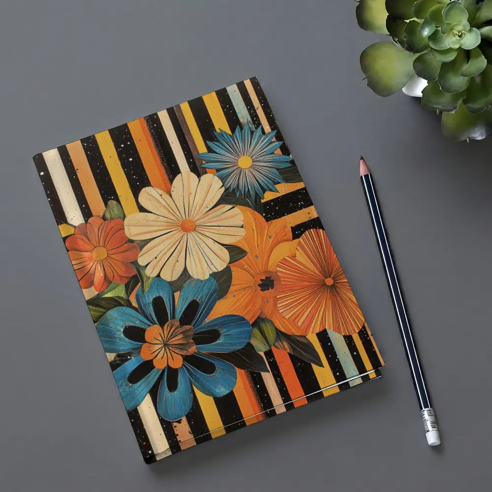 Retro Floral Bouquet Bold Striped Black Background – Notebooks