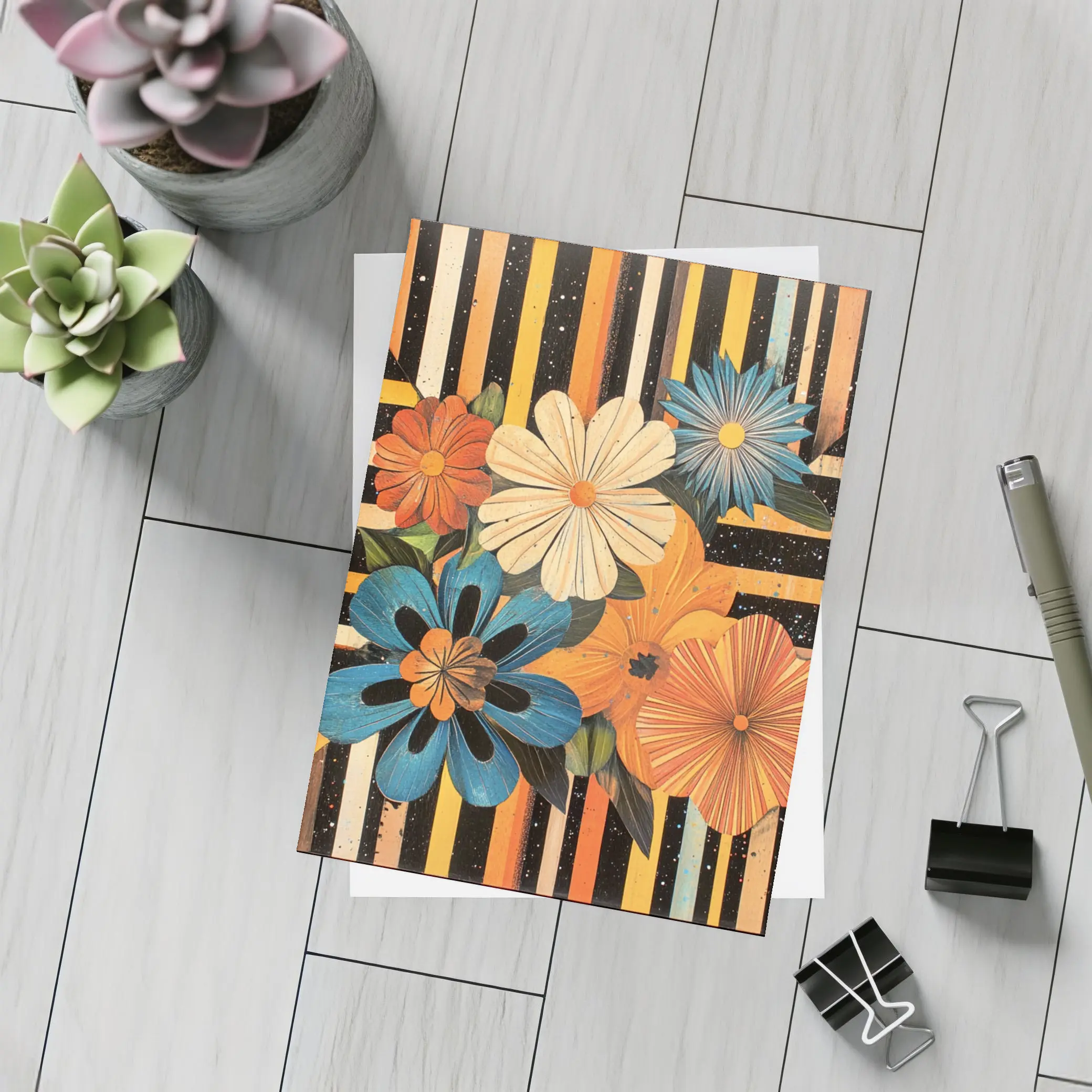 Retro Floral Bouquet Bold Striped Black Background – Postcards