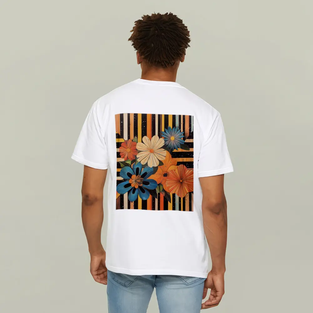 Retro Floral Bouquet Bold Striped Black Background – T-Shirts