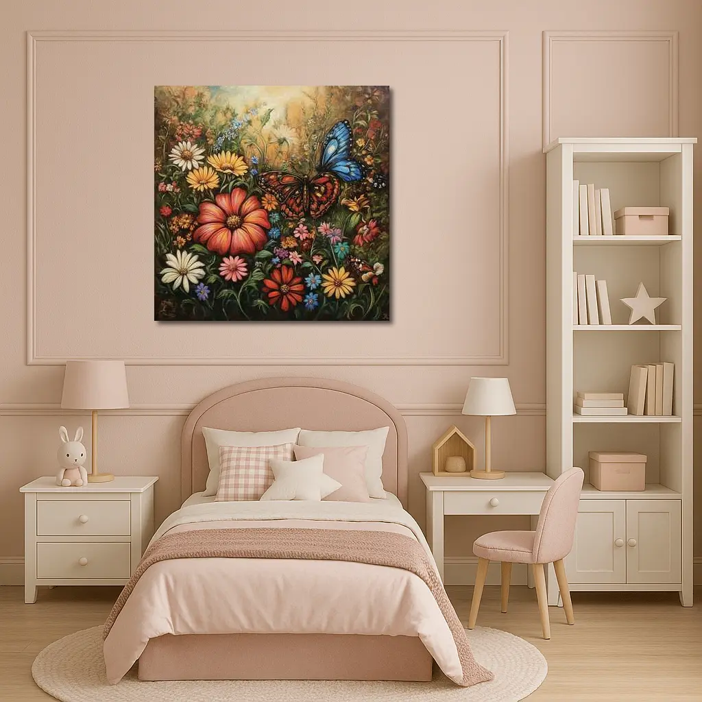 Monarch Butterfly Wildflower Garden Oil Painting – Wall Art
