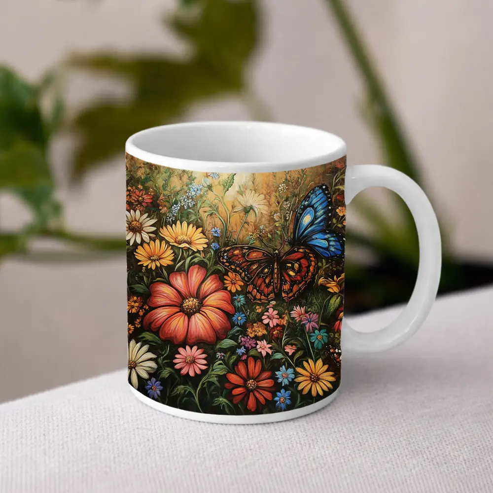 Monarch Butterfly Wildflower Garden Oil Painting – Mugs