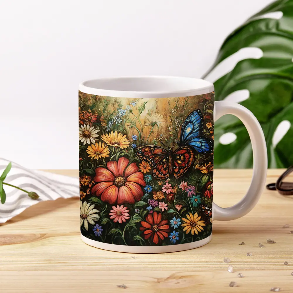 Monarch Butterfly Wildflower Garden Oil Painting – Mugs