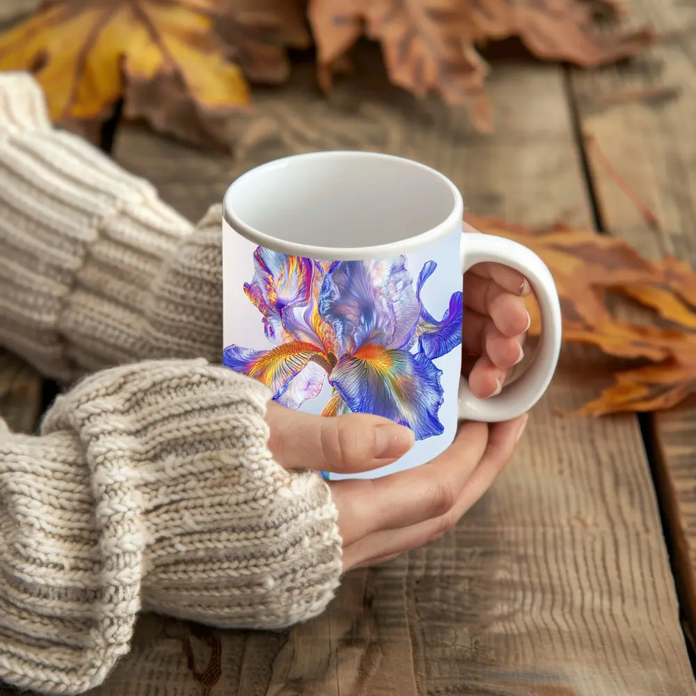 Colorful Iris Flower Blue White Background – Mugs