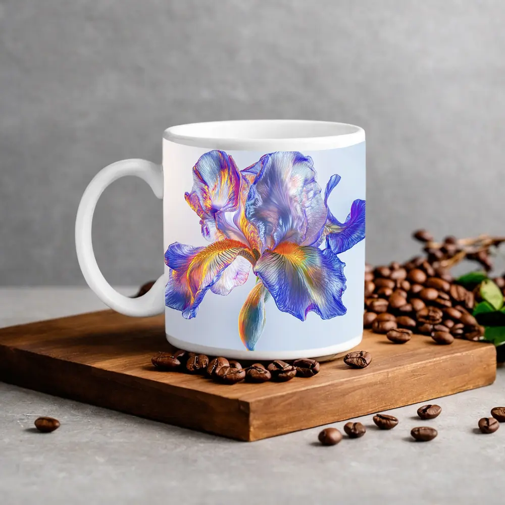 Colorful Iris Flower Blue White Background – Mugs