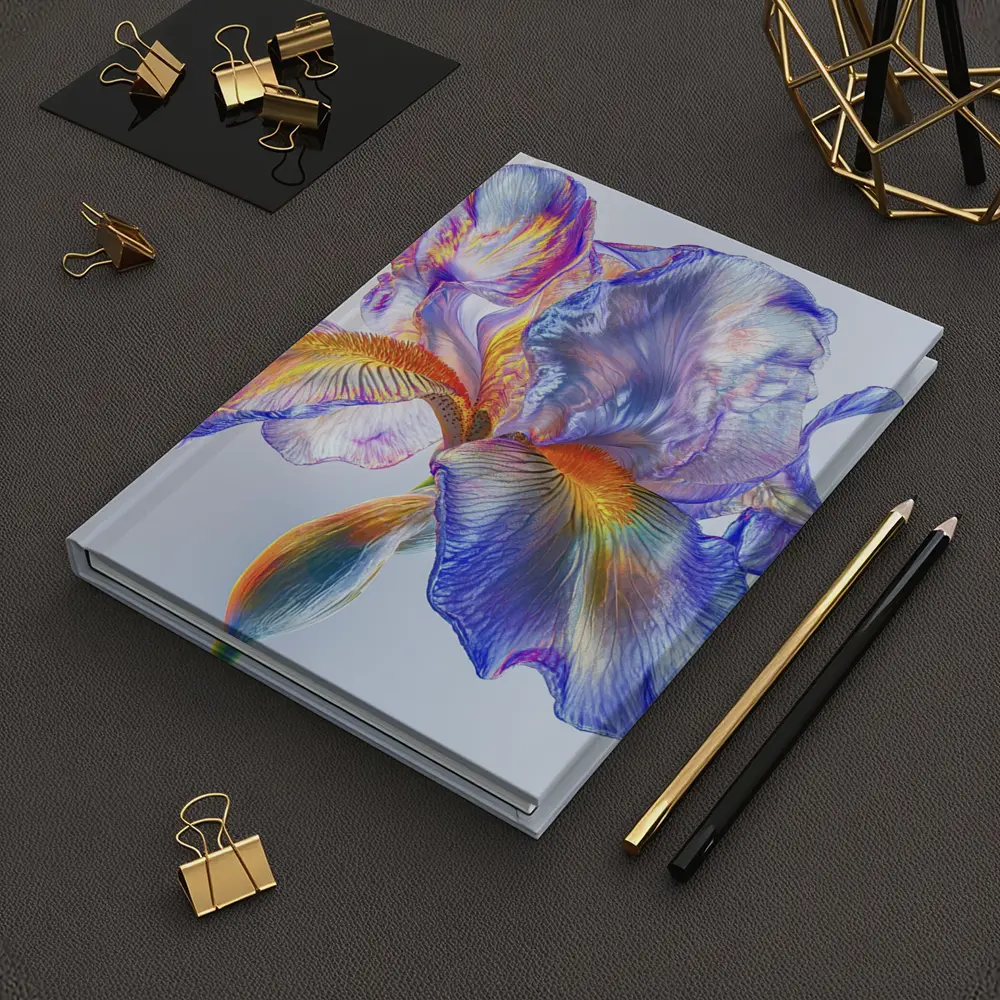 Colorful Iris Flower Blue White Background – Notebooks