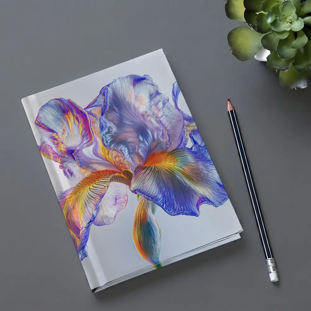 Colorful Iris Flower Blue White Background – Notebooks