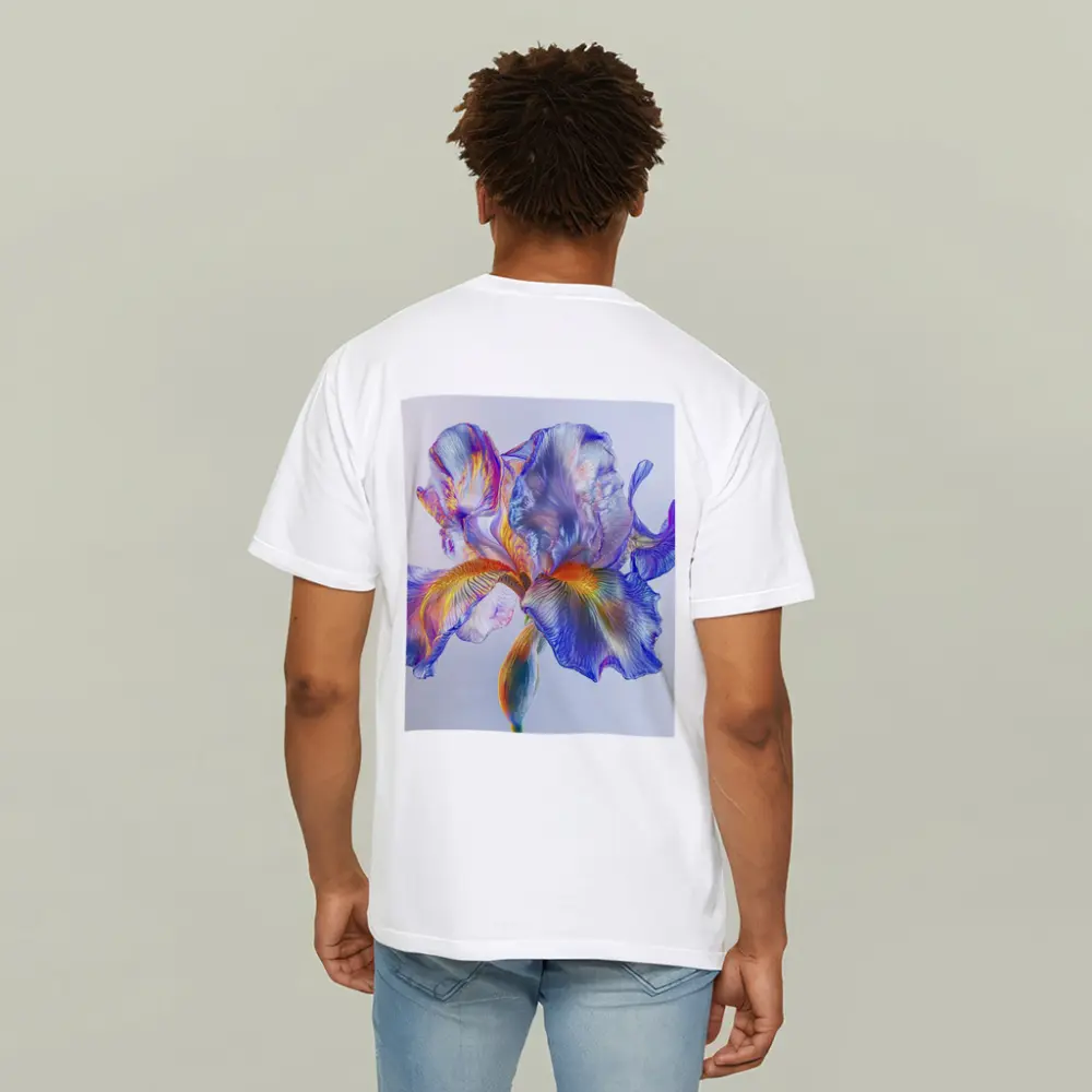 Colorful Iris Flower Blue White Background – T-Shirts