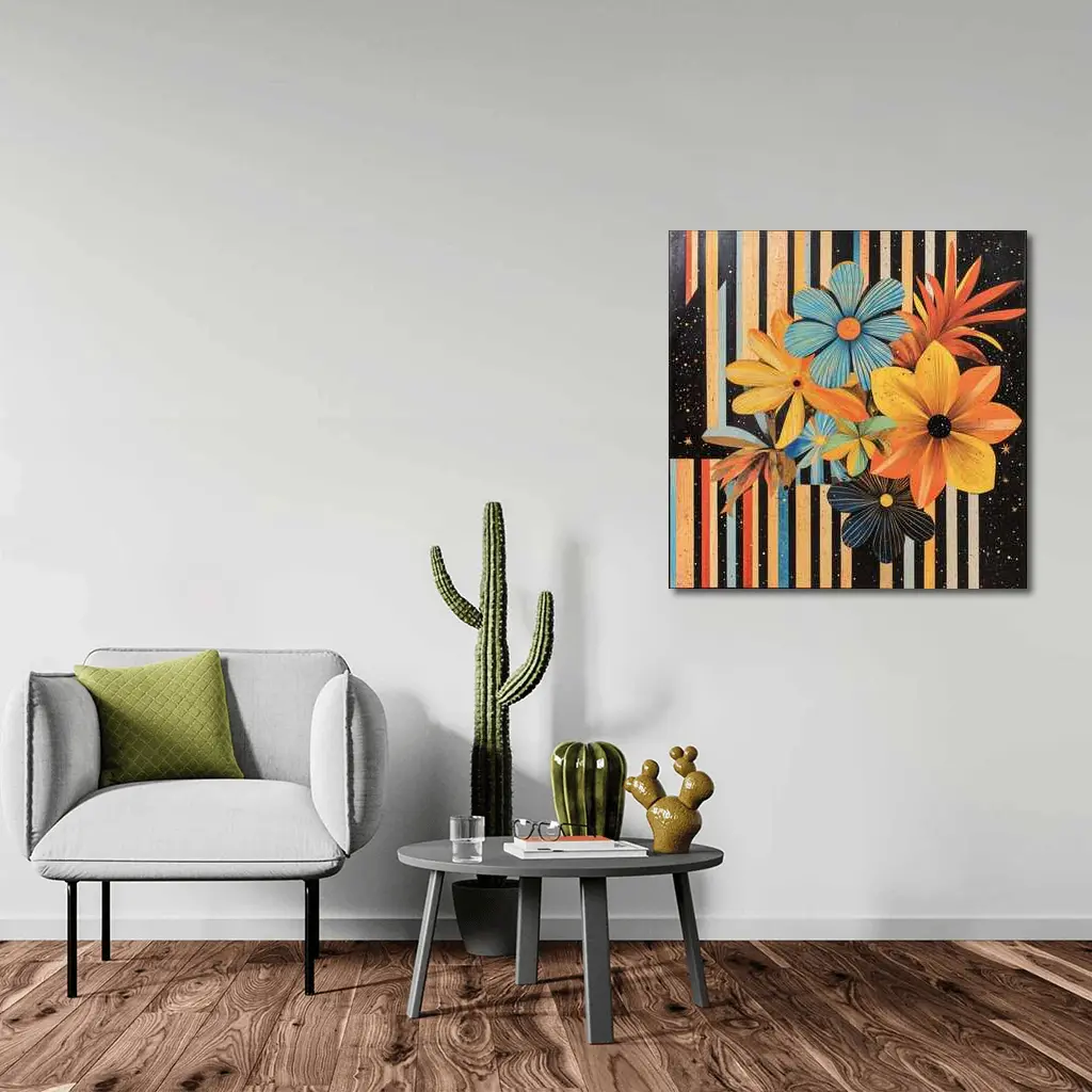 Retro Floral Collage Bold Striped Background – Wall Art