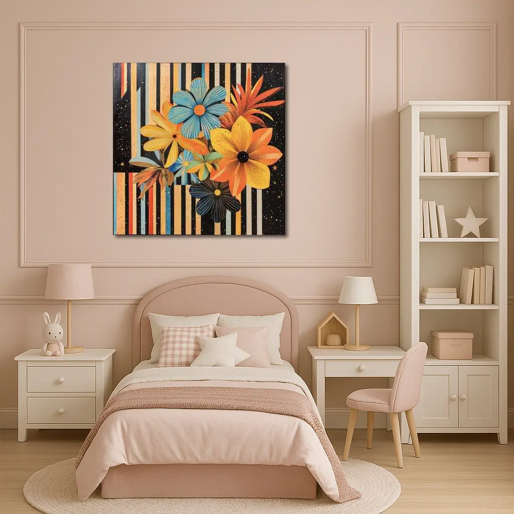 Retro Floral Collage Bold Striped Background – Wall Art