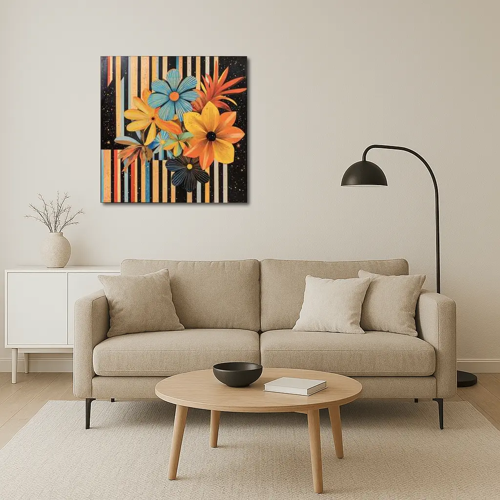 Retro Floral Collage Bold Striped Background – Wall Art