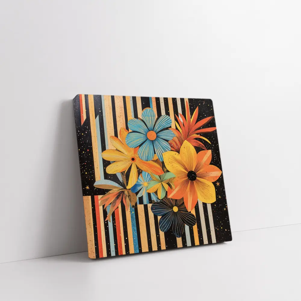 Retro Floral Collage Bold Striped Background – Wall Art