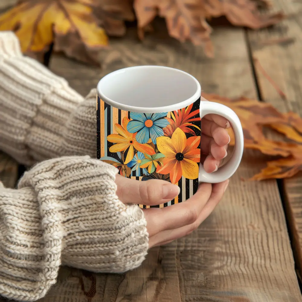 Retro Floral Collage Bold Striped Background – Mugs