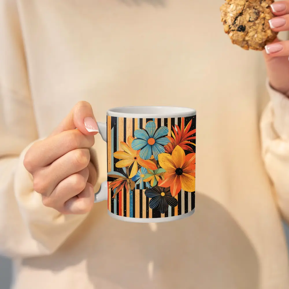 Retro Floral Collage Bold Striped Background – Mugs
