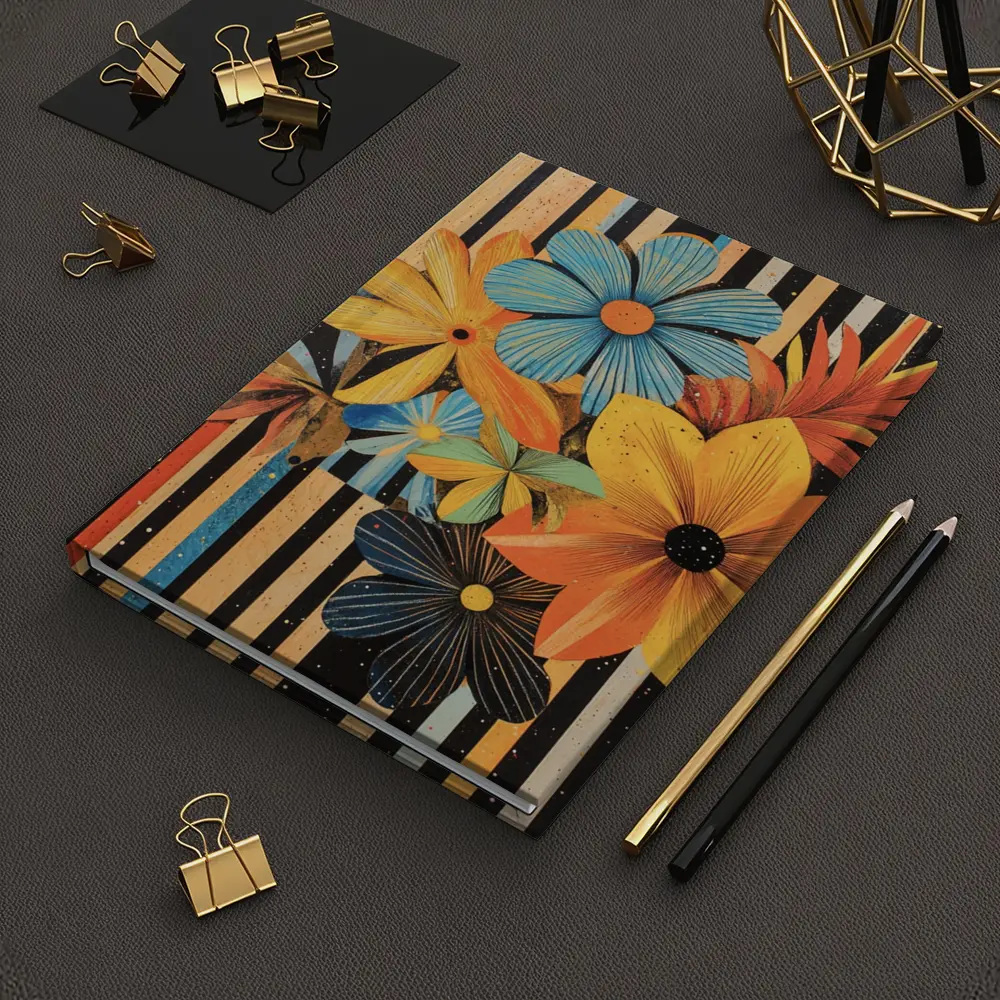 Retro Floral Collage Bold Striped Background – Notebooks