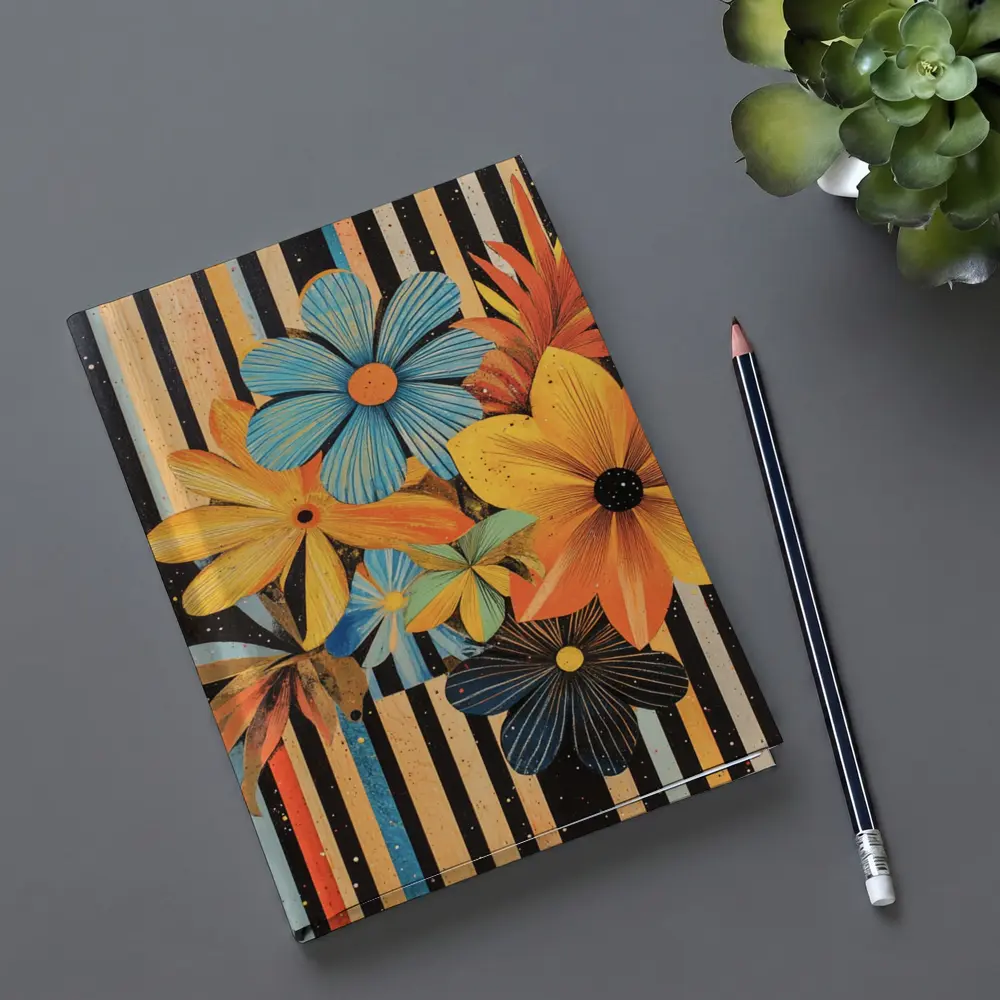 Retro Floral Collage Bold Striped Background – Notebooks