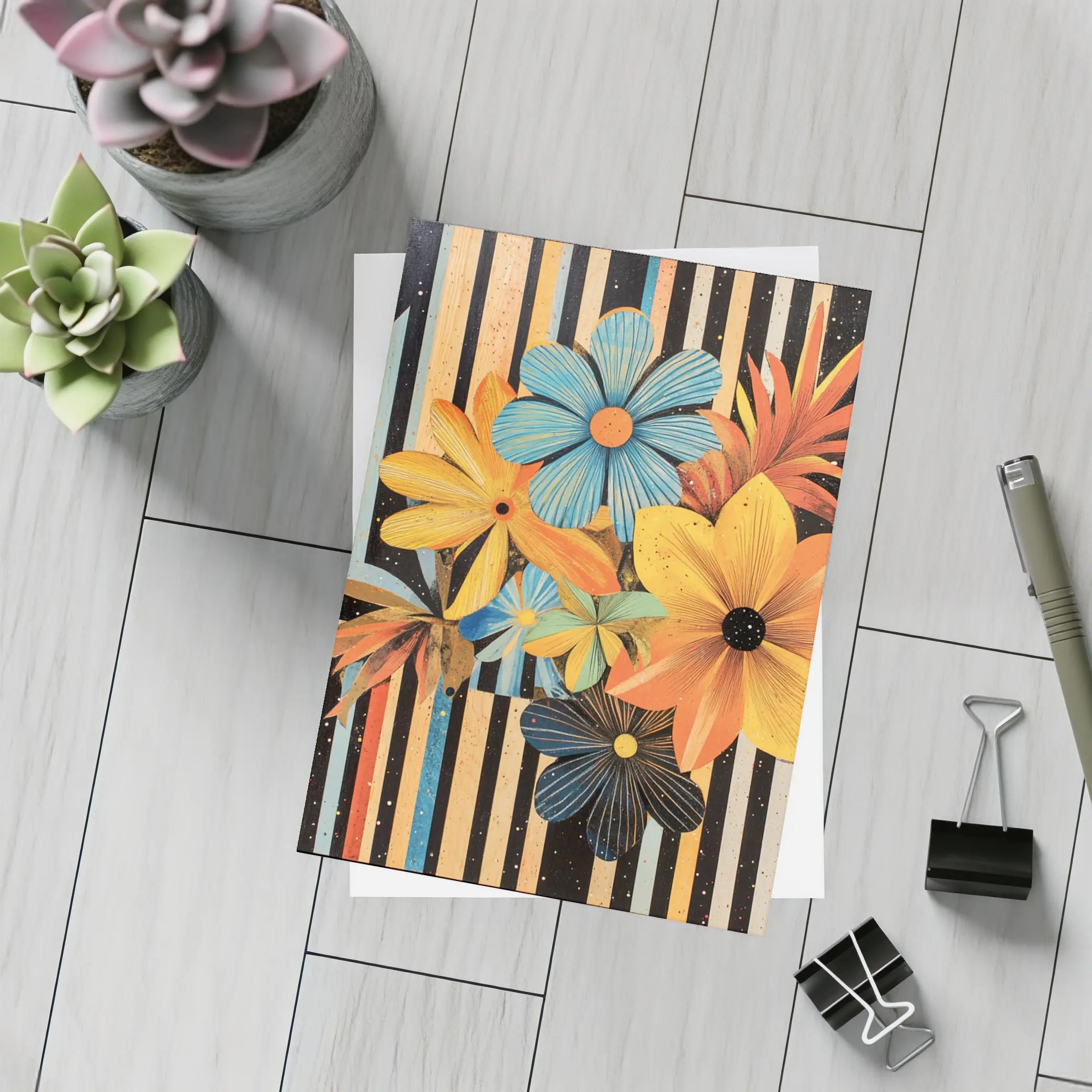 Retro Floral Collage Bold Striped Background – Postcards