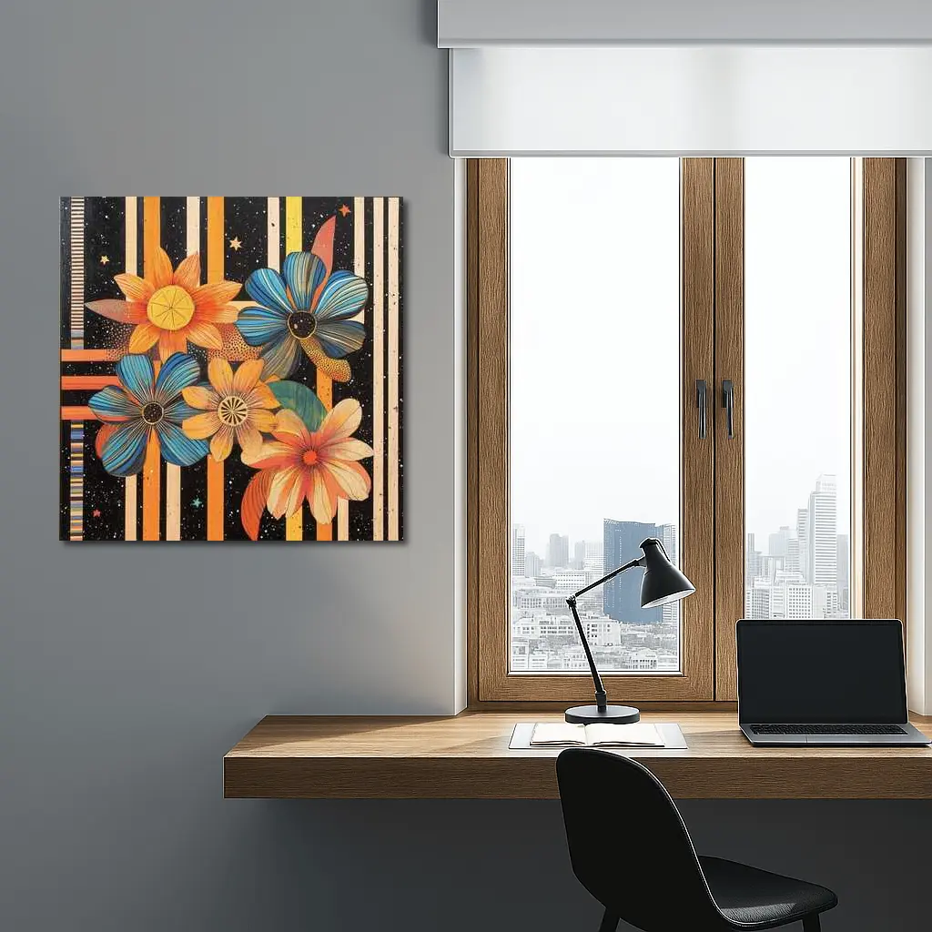 Retro Floral Art Bold Striped Black Background – Wall Art