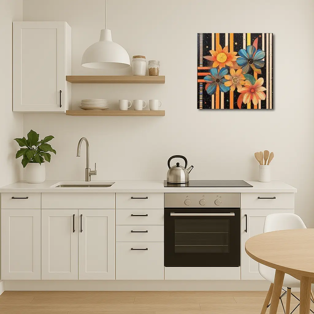 Retro Floral Art Bold Striped Black Background – Wall Art