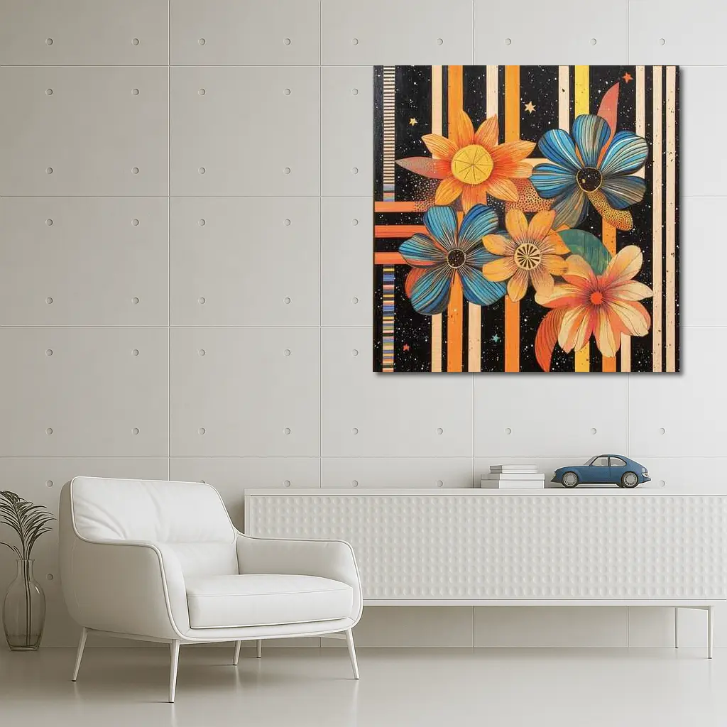 Retro Floral Art Bold Striped Black Background – Wall Art