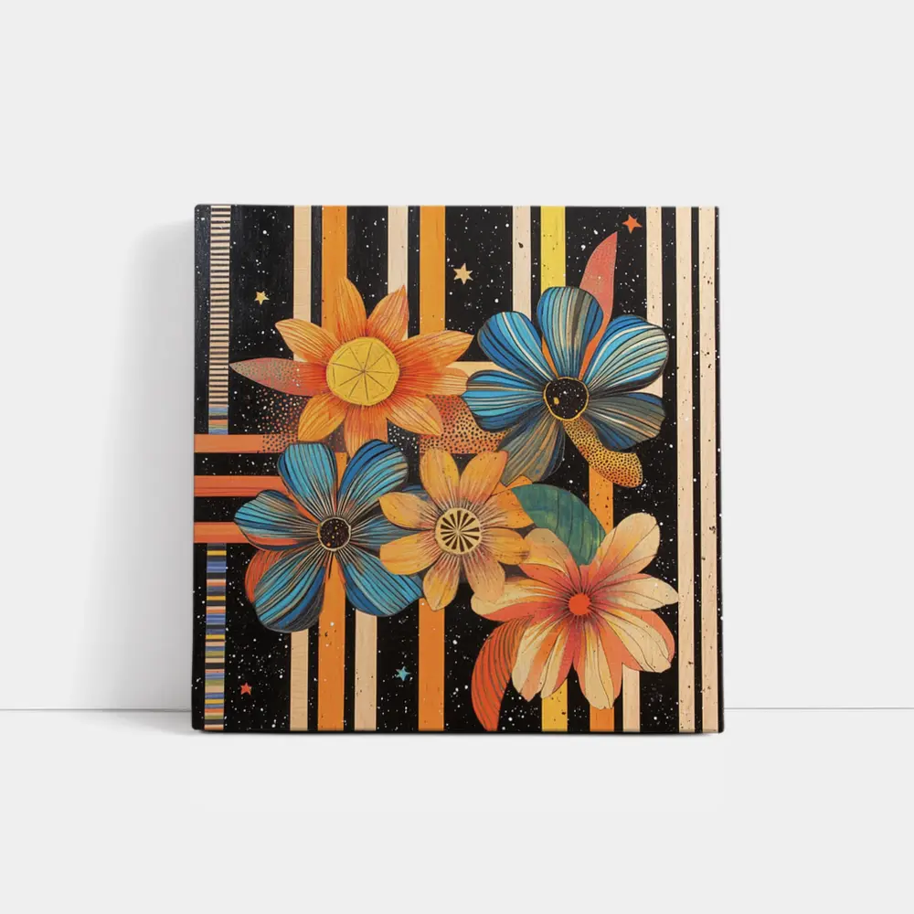Retro Floral Art Bold Striped Black Background – Wall Art