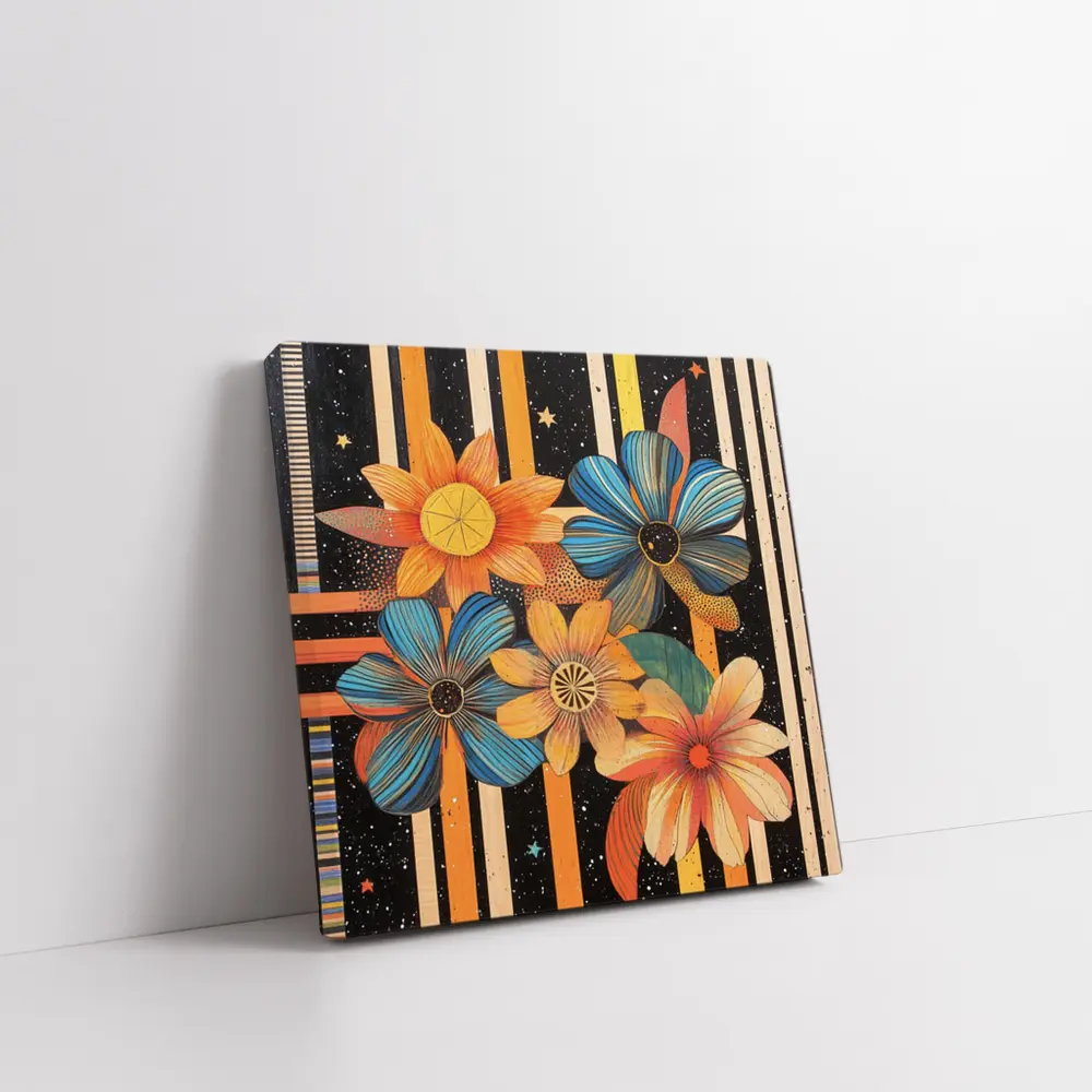 Retro Floral Art Bold Striped Black Background – Wall Art