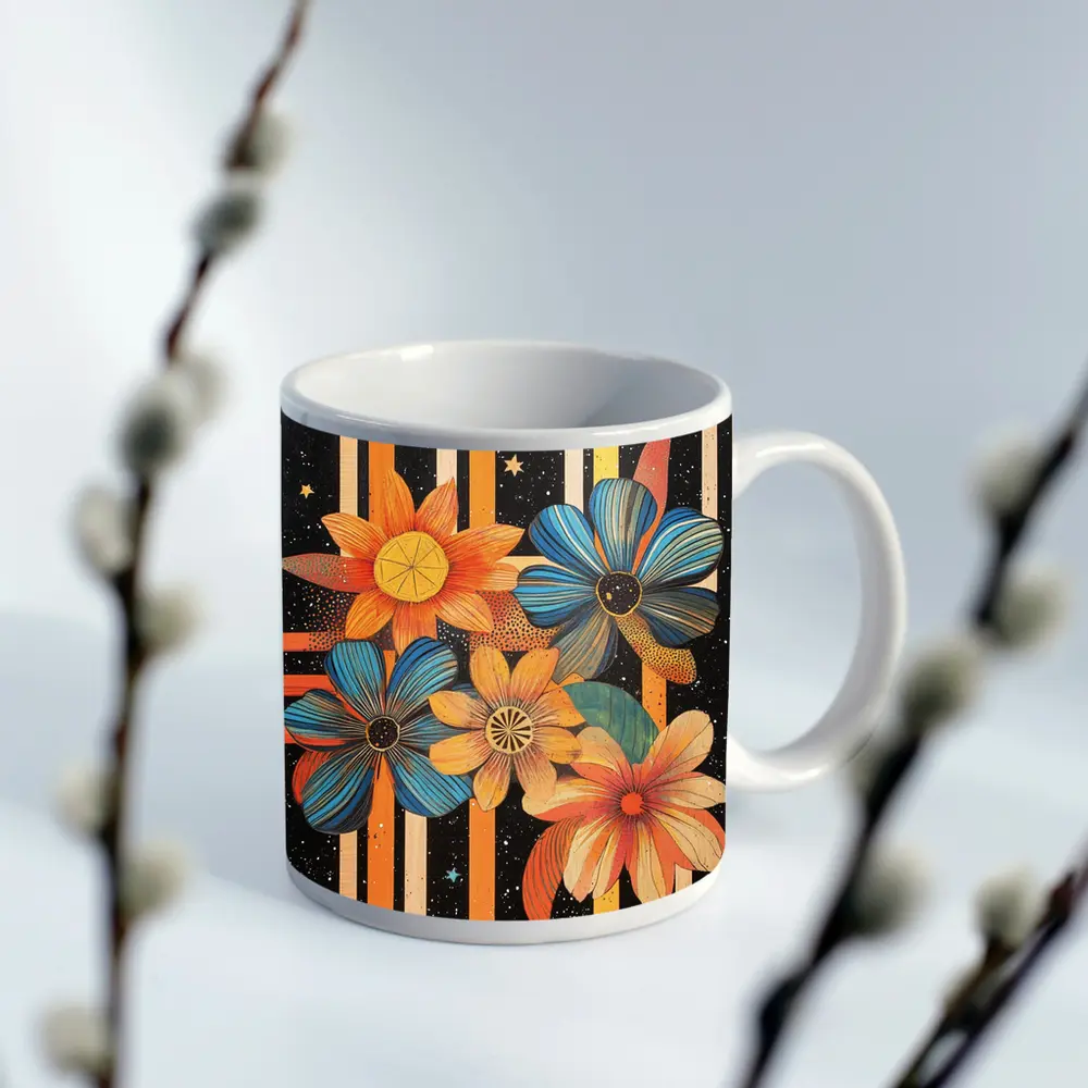Retro Floral Art Bold Striped Black Background – Mugs