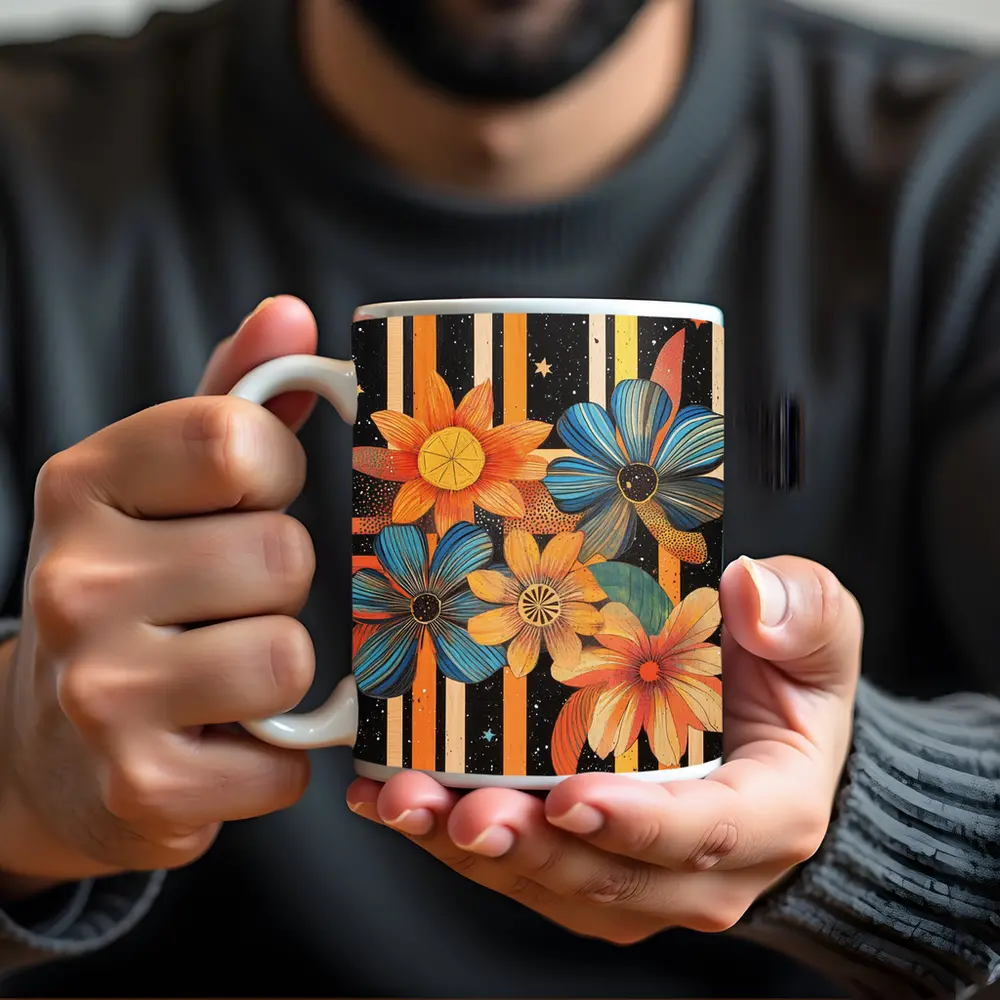 Retro Floral Art Bold Striped Black Background – Mugs