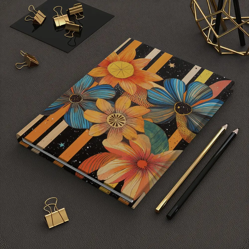 Retro Floral Art Bold Striped Black Background – Notebooks