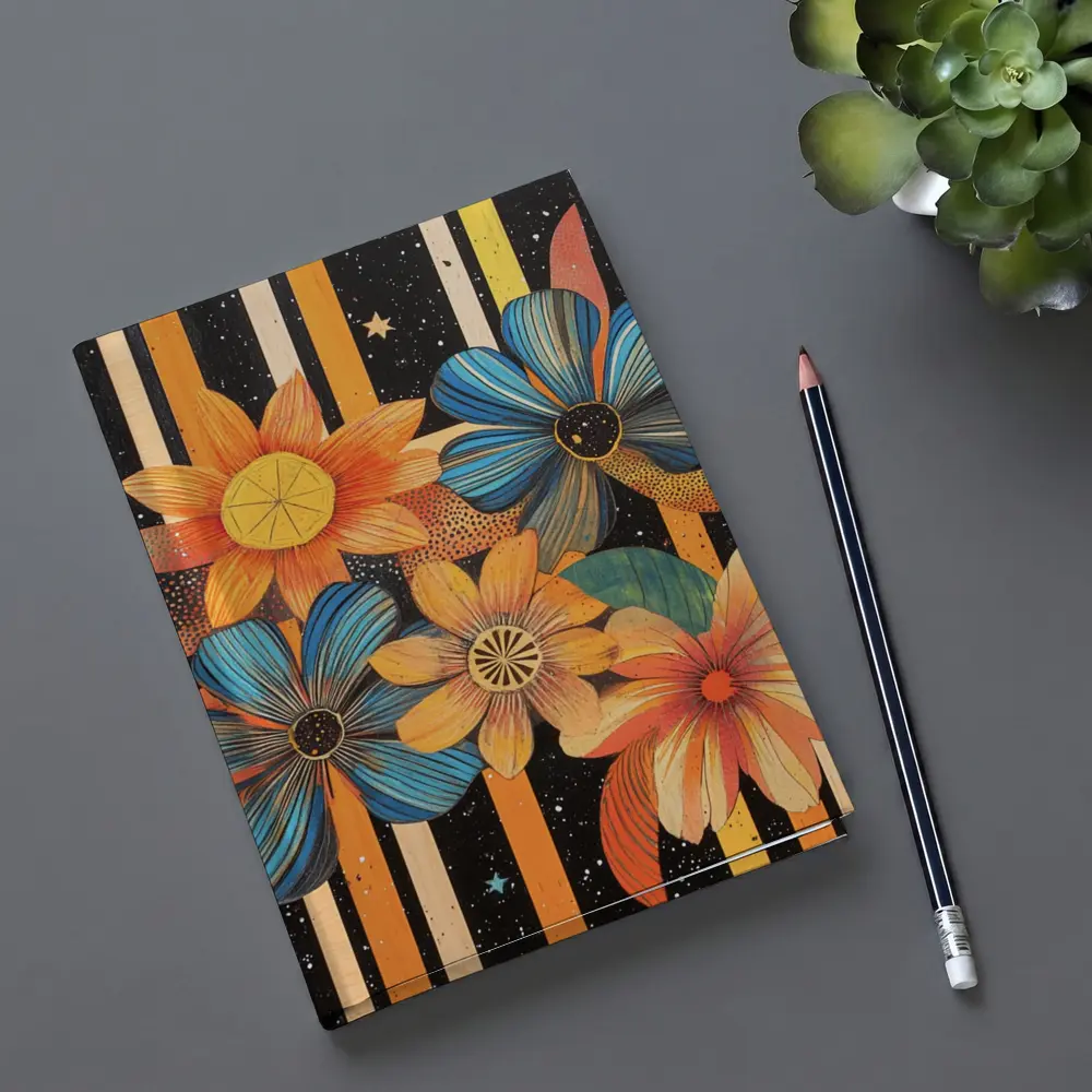 Retro Floral Art Bold Striped Black Background – Notebooks