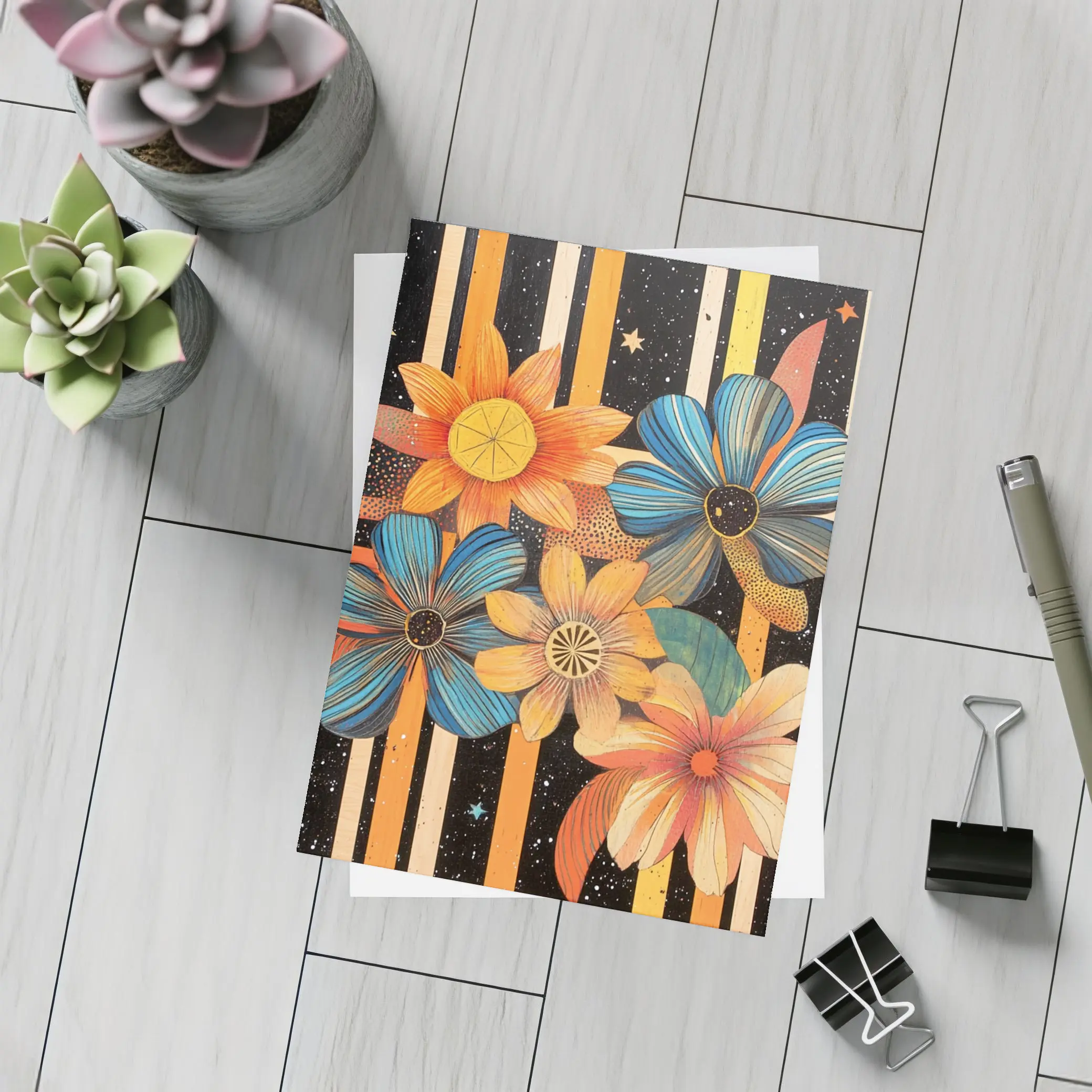Retro Floral Art Bold Striped Black Background – Postcards