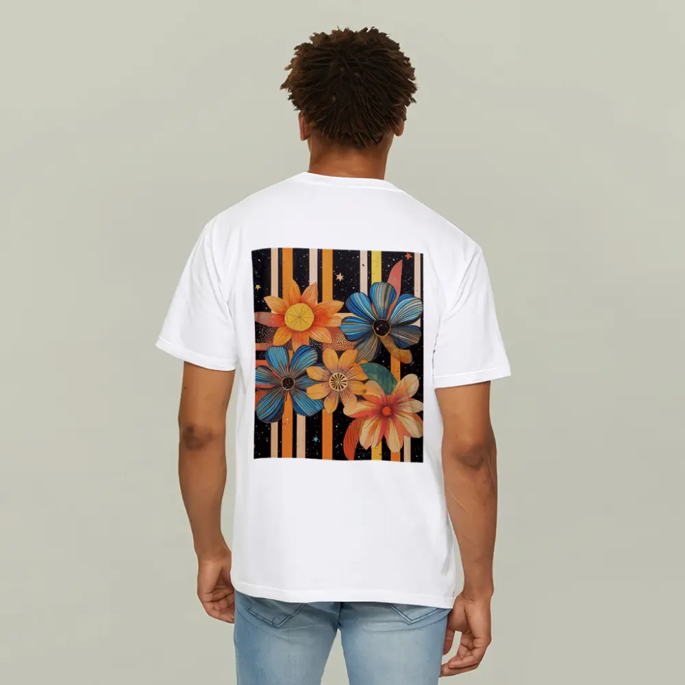Retro Floral Art Bold Striped Black Background – T-Shirts