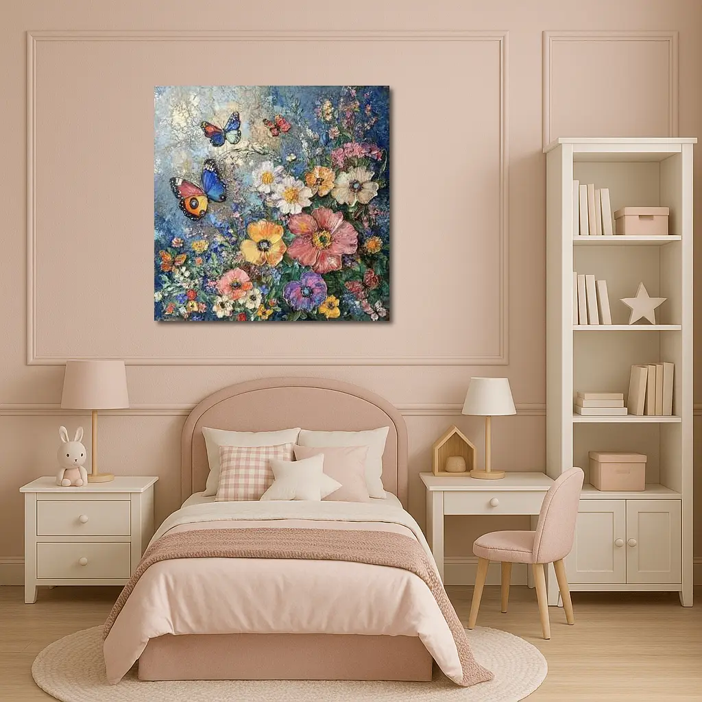 Colorful Flowers and Butterflies Blue Background – Wall Art