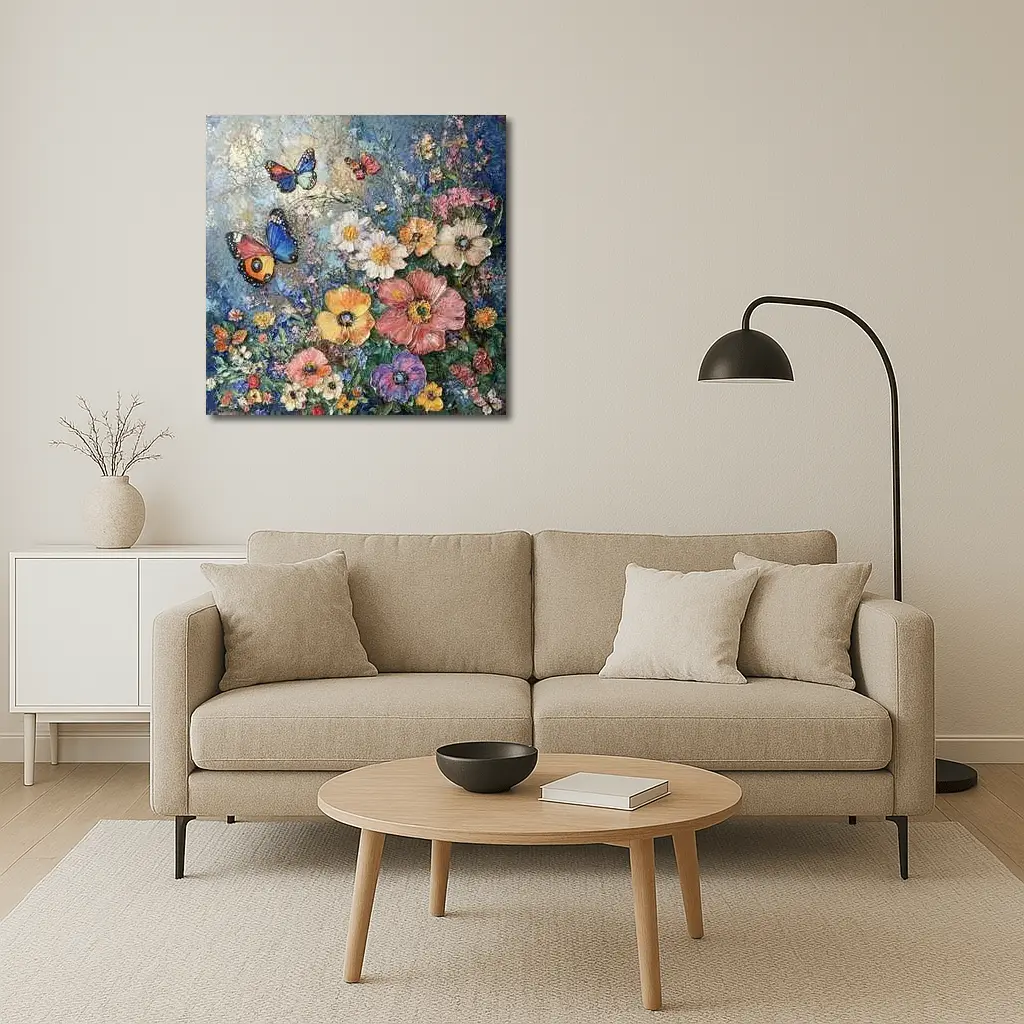 Colorful Flowers and Butterflies Blue Background – Wall Art