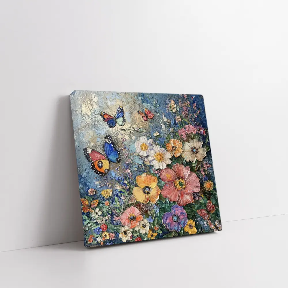 Colorful Flowers and Butterflies Blue Background – Wall Art