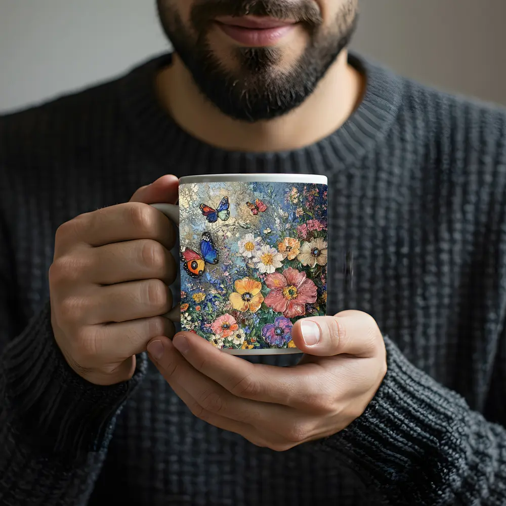 Colorful Flowers and Butterflies Blue Background – Mugs