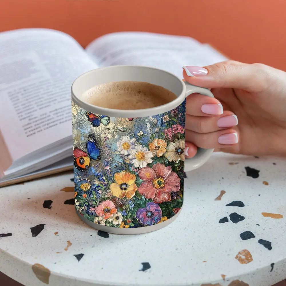 Colorful Flowers and Butterflies Blue Background – Mugs