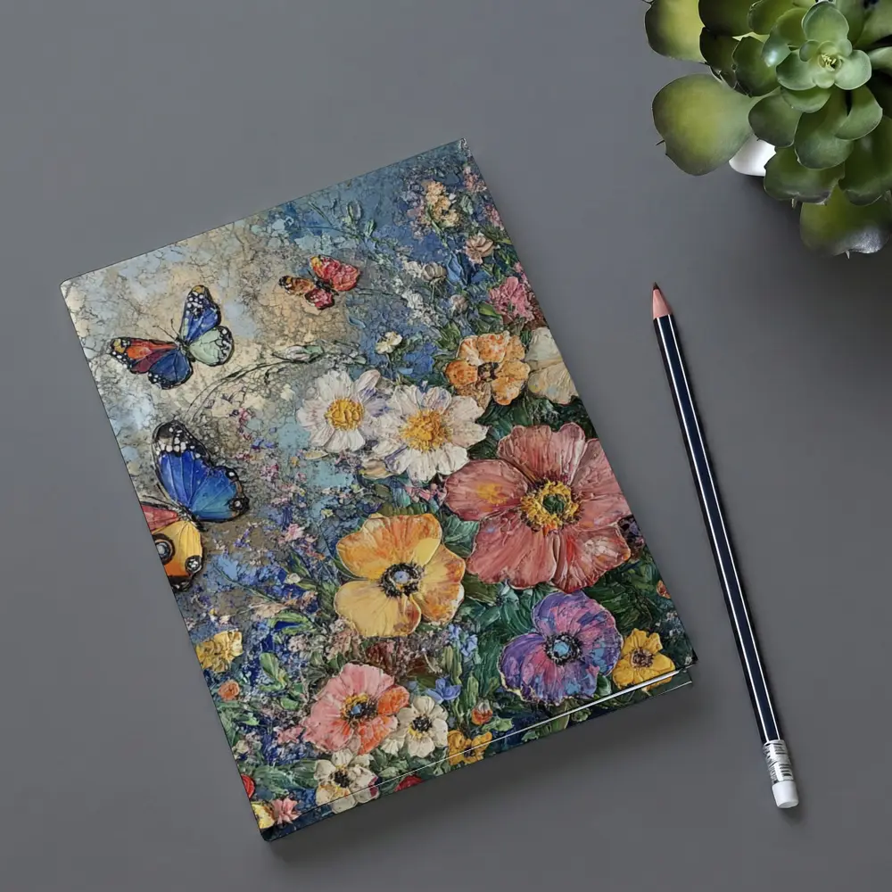Colorful Flowers and Butterflies Blue Background – Notebooks