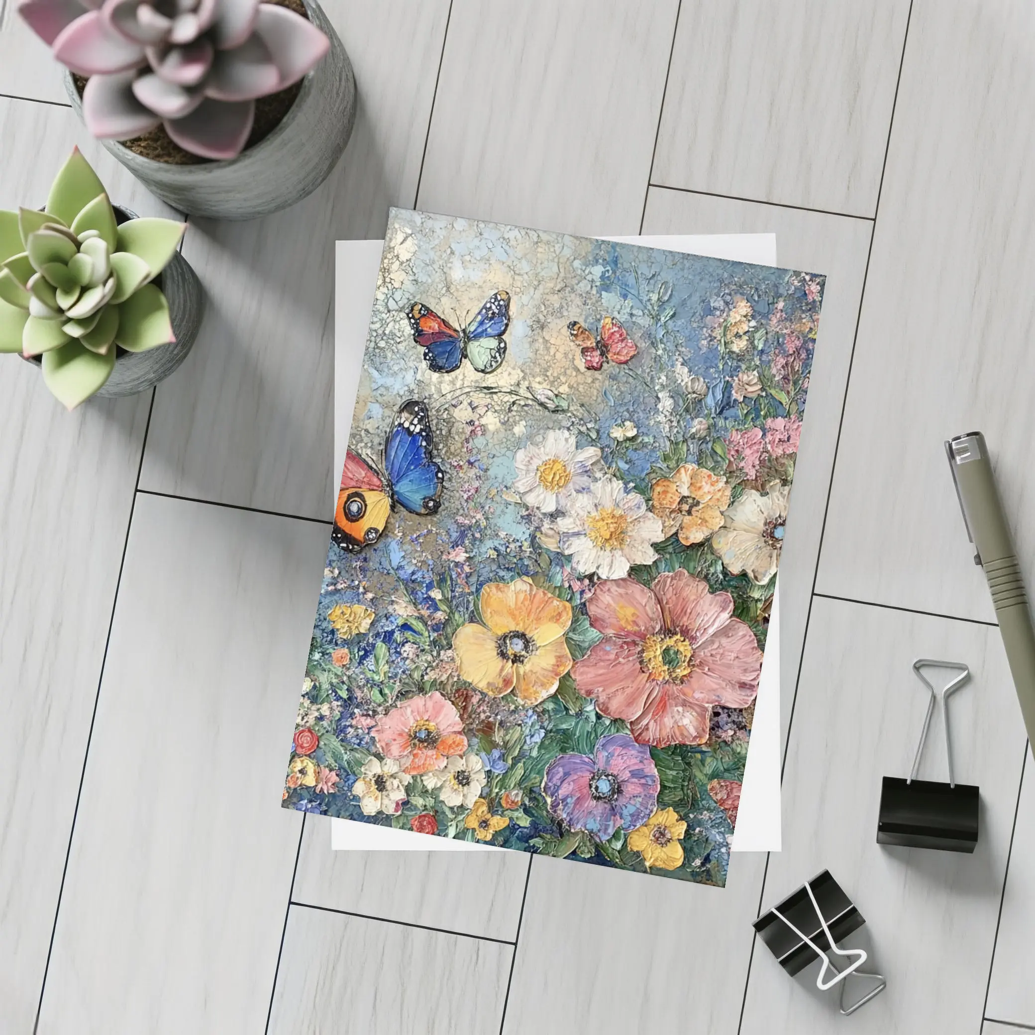 Colorful Flowers and Butterflies Blue Background – Postcards