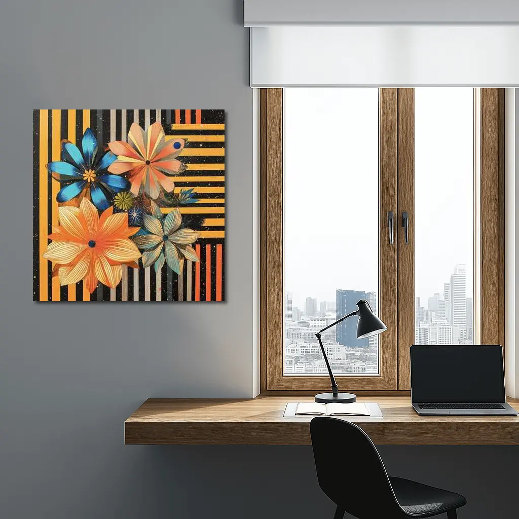 Retro Floral Art On Striped Dark Background – Wall Art