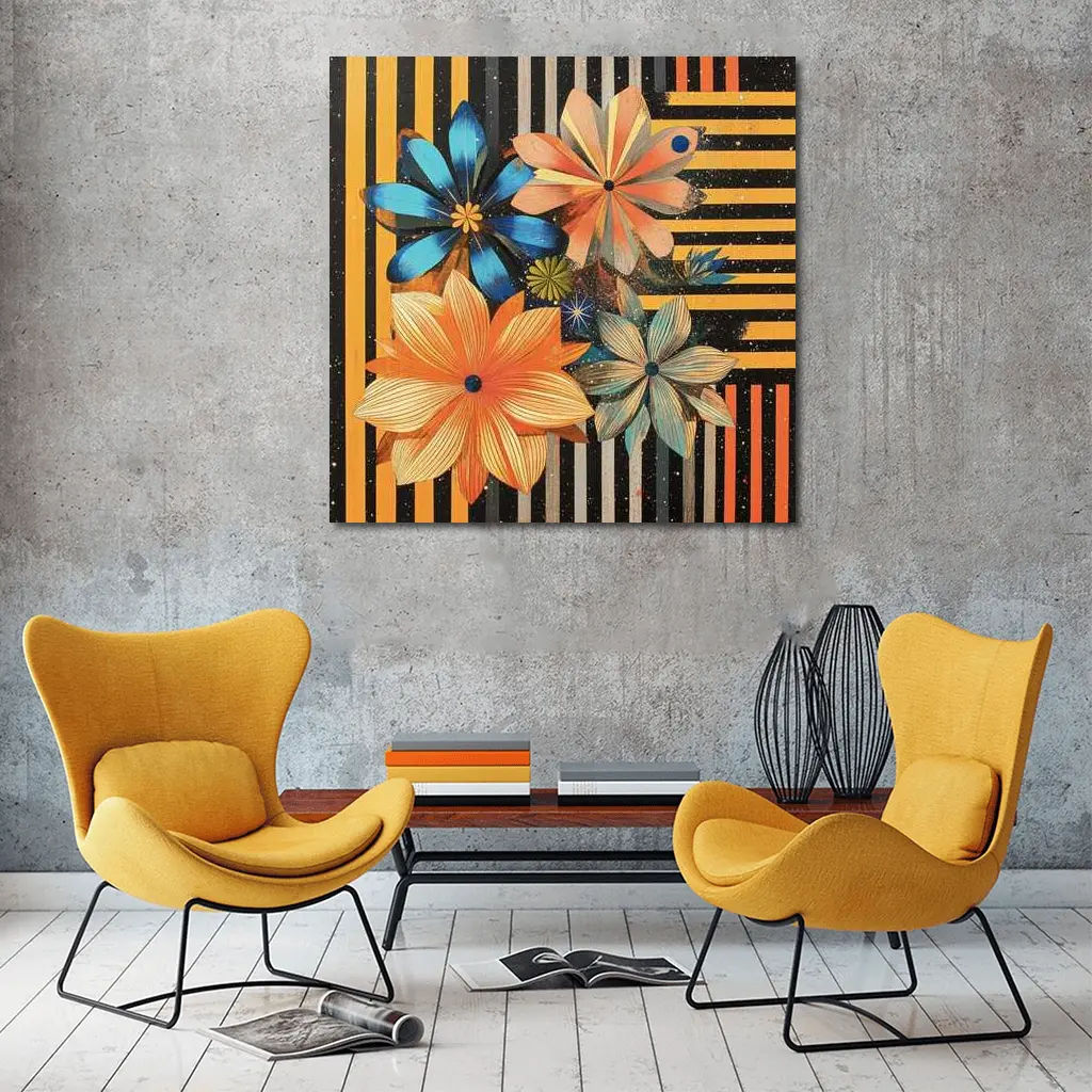 Retro Floral Art On Striped Dark Background – Wall Art