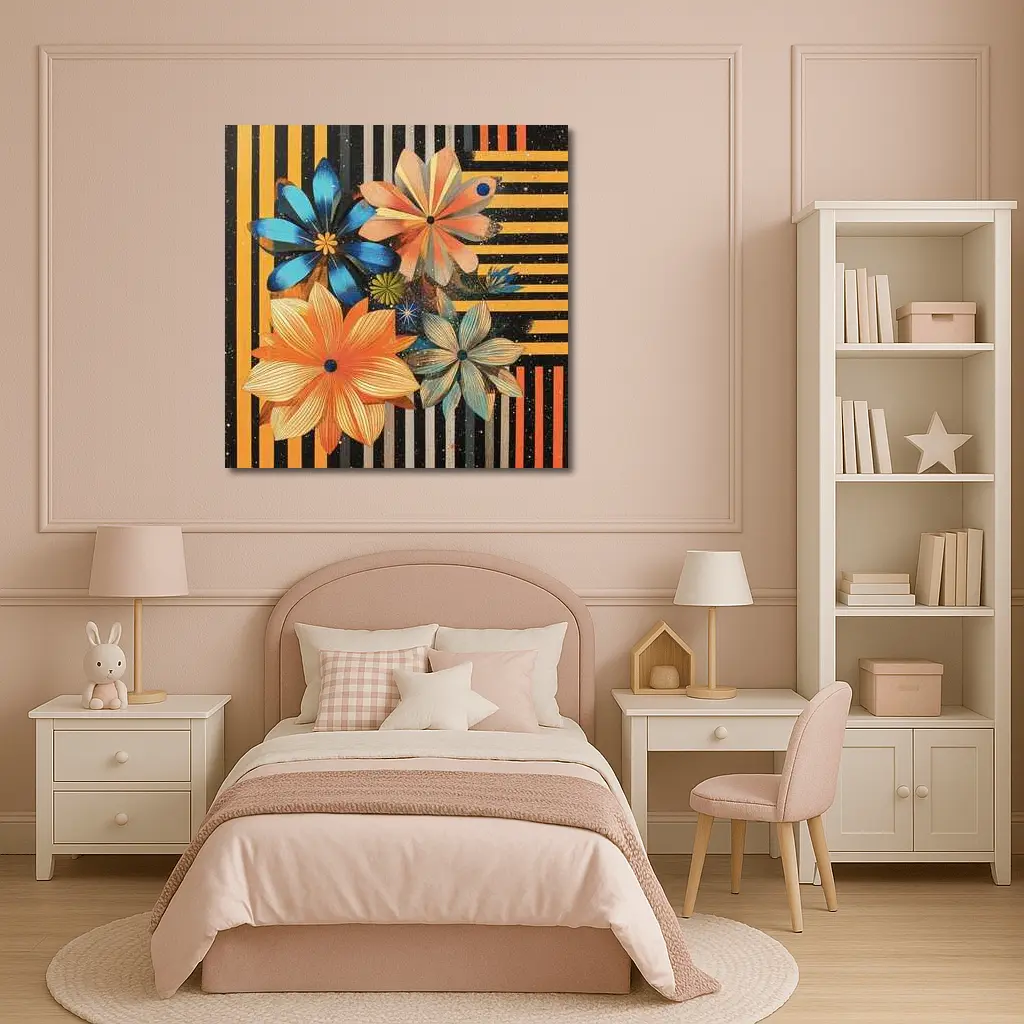 Retro Floral Art On Striped Dark Background – Wall Art