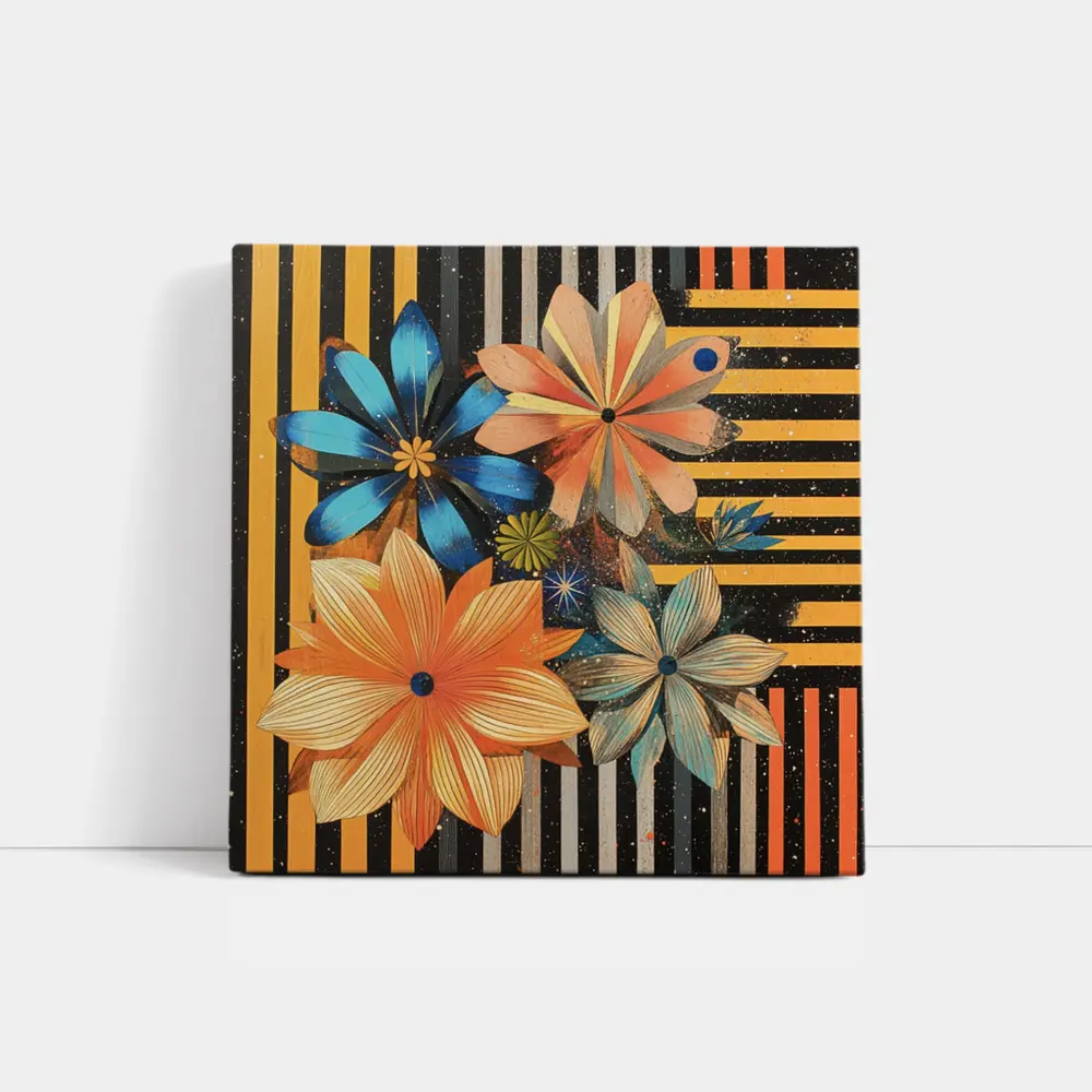 Retro Floral Art On Striped Dark Background – Wall Art