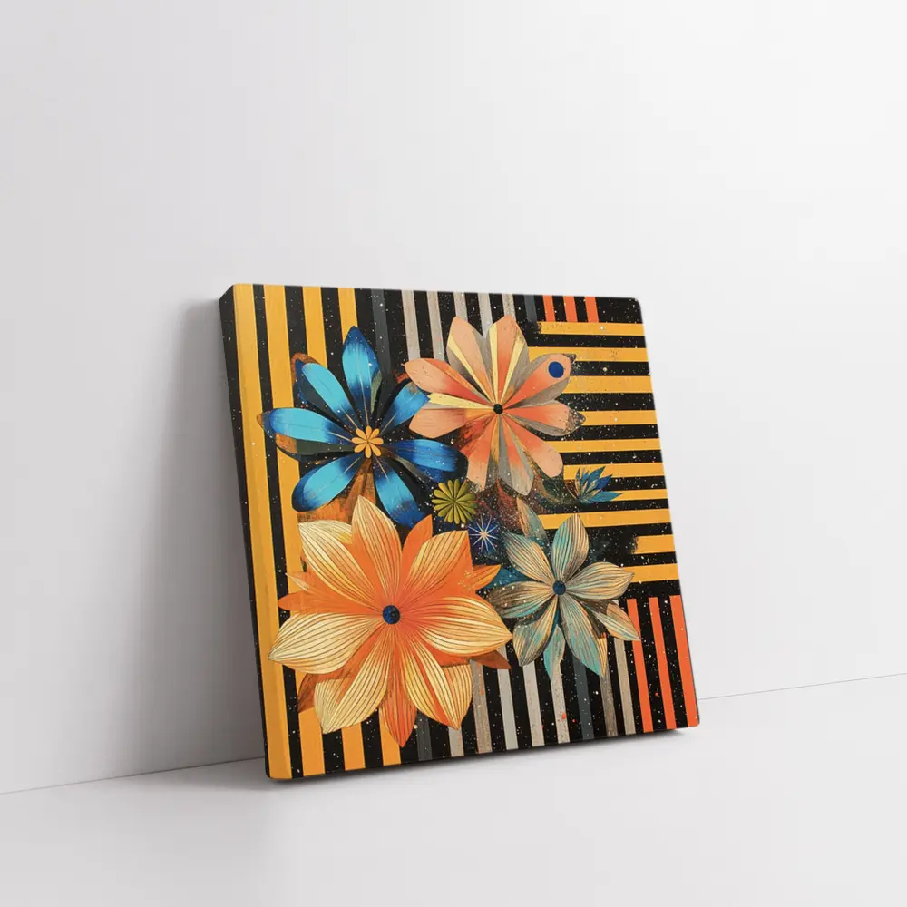 Retro Floral Art On Striped Dark Background – Wall Art