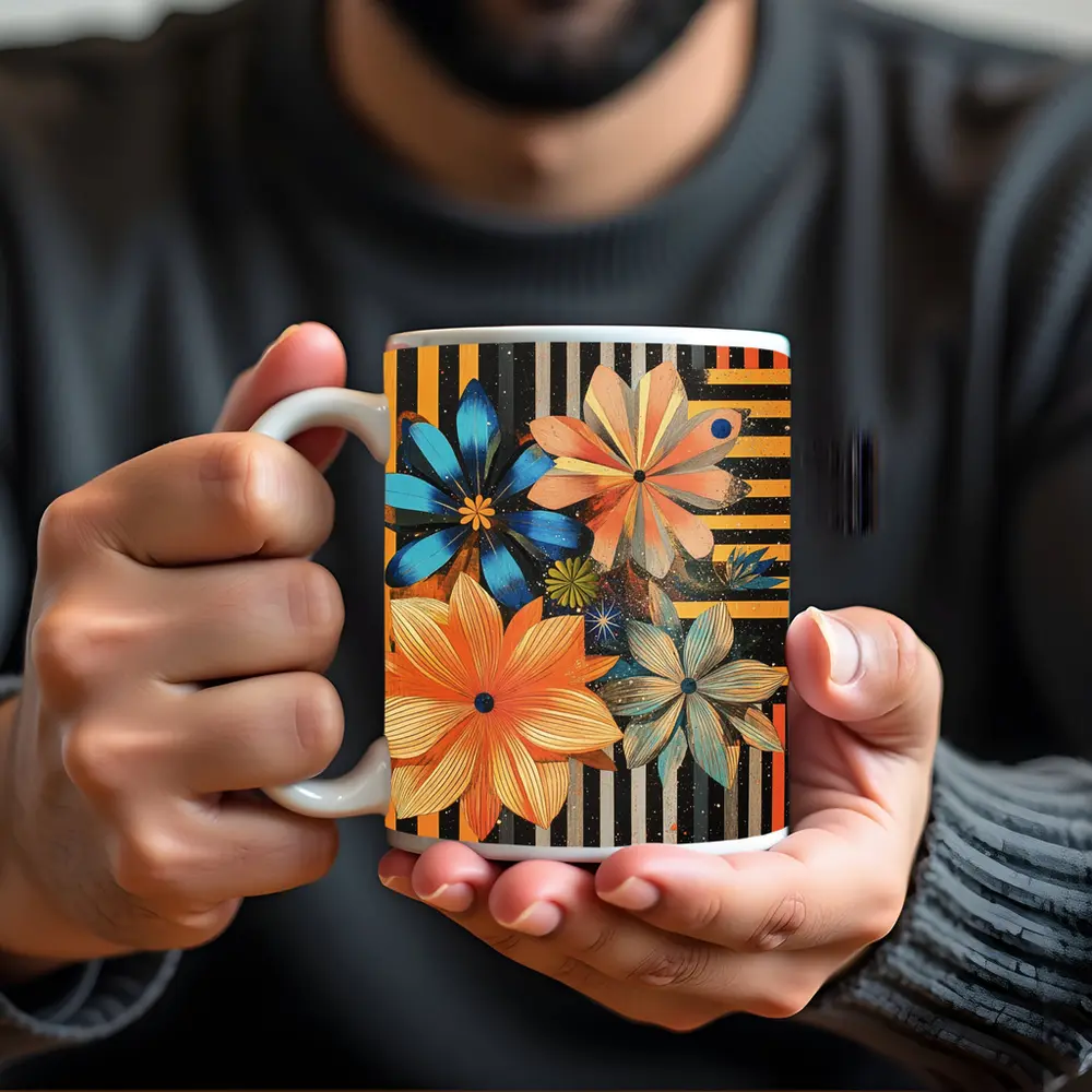 Retro Floral Art On Striped Dark Background – Mugs