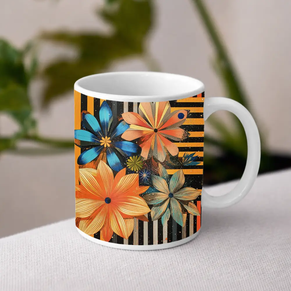 Retro Floral Art On Striped Dark Background – Mugs