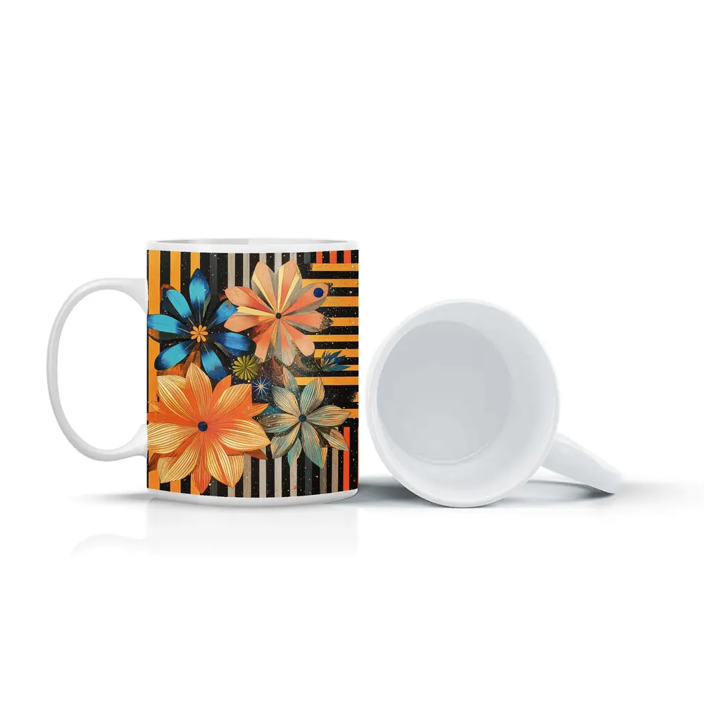 Retro Floral Art On Striped Dark Background – Mugs