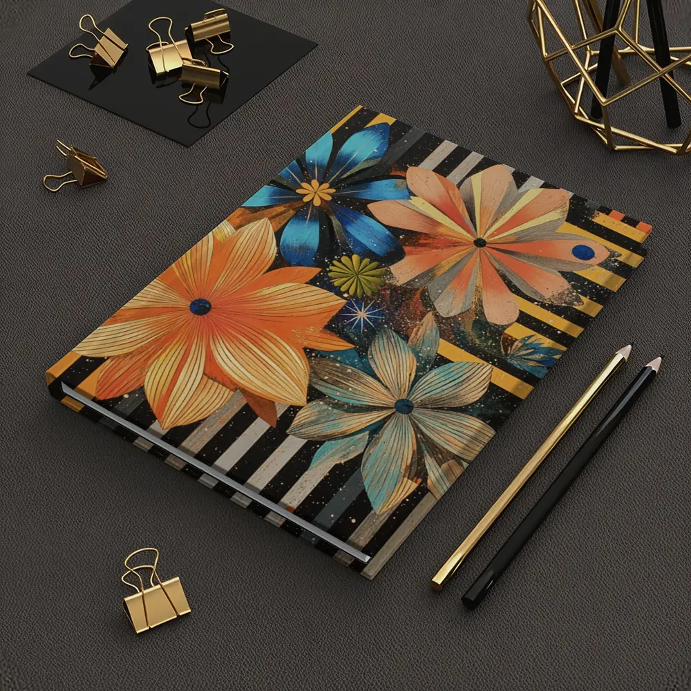 Retro Floral Art On Striped Dark Background – Notebooks
